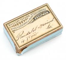 1905 Velcsey István gyógyszertára az Arany oroszlánhoz Veszprém, régi gyógyszeres papírdoboz, 6,5x4x2 cm