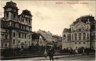 1910 Kassa, Kosice; Premontreiek temploma, útépítés, postás / church, road construction, postman