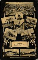 1913 Nezsider, Neusiedl am See; szélmalom, vasútállomás, Római katolikus templom, Fertő tó, vitorlás, zárda, laktanya, Alsó város / Windmühle, Bahnhof, Kirche, Kloster, Kaserne, Untere Vorstadt, Neusiedler See / windmill, railway station, church, military barrack, lake, sailing ship, convent. Art Nouveau (EK)