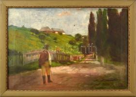 Márton Jakab (1870-1945): Hazafelé. Olaj, vászon. Kissé sérült. Dekoratív, sérült fakeretben. 36x52,5 cm