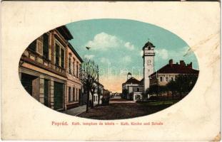 Poprád (Magas Tátra, Vysoké Tatry), Katolikus templom és iskola. Strompf S.A. kiadása / church and school (EK)