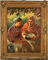 Péczely Antal (1891-1944): Lányok. Olaj, vászon, jelzett. Dekoratív, javított fakeretben, 80×60 cm
