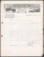 1925 Unitas Automobil Ipar és Kereskedelmi Rt. fejléces számlája, rajta gépelt levéllel, a szélen kis szakadásokkal, kis lyukakkal.