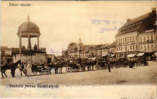 1905 Marosvásárhely, Targu Mures; Fő tér, Bodor kút, lovashintók, Adi Árpád könyvnyomda, Reichardsperg J. és társa üzlete / main square, horse chariots, fountain, shops (EK)