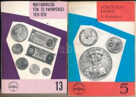 Huszár Lajos: Régi magyar emlékérmek - Történeti érmek I. Középkor. Magyar Éremgyűjtők Egyesülete, Budapest, 1972. + Leányfalusi Károly - Nagy Ádám: Magyarország fém- és papírpénzei 1926-1976. Magyar Éremgyűjtők Egyesülete, Budapest, 1977. - II. Javított és bővített kiadás. Használt állapotú könyvek, az egyik borítóján és belsejében is ceruzás firka, folt.
