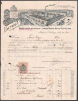 1907 Bp.-Kőbánya, Ungarische Metallwaaren- und Lampen-Fabriks-Actien-Gesellschaft fejléces számlája, rajta a gyár látképével, illetékbélyeggel