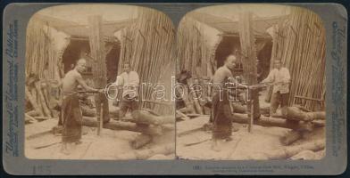cca 1900 Ningpo, Kína fűrészmalom, sztereofotó / Ningpo, China saw mill stereo photo