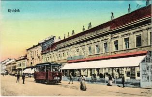 Újvidék, Novi Sad; utca, Erzsébet szálloda, villamos, "Ízlelje meg 5-féle pörkölt kávénkat" reklám. Natosevic kiadása / street, shops, Hotel Elisabeth, tram, coffee advertisement