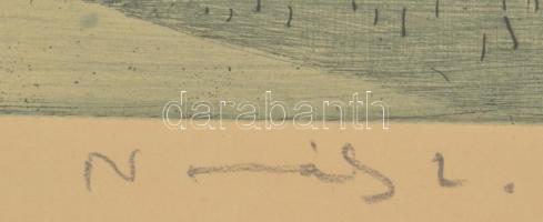 Novák Lajos (1927-1989): Nádvágók. Rézkarc, papír, jelzett, üvegezett fakeretben. 29×39 cm