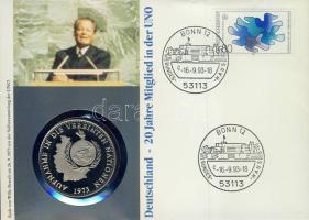 NSZK 1993. "ENSZ-csatlakozás" Ffm emlékérem érmés bélyeges borítékon, alkalmi bélyegzővel T:PP