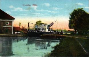 Újverbász, Verbász, Novi Vrbas; Zsilip gőzhajóval. Jakob fényképész / sluice, steamship