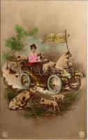 1906 Boldog Újévet! / New Year greeting art postcard with automobile, lady chauffeur and pigs. Oranotypie