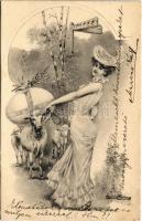 1905 Fröhliche Ostern! / Easter greeting art postcard with lady and sheep. K.V.i.B. 12. Serie 530. (EK)