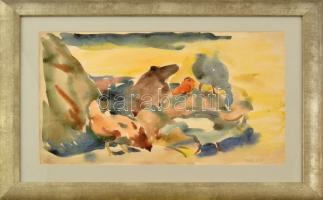 Pituk József Viktorián (1906-1991): Kapirgáló tyúkok. Akvarell, papír, jelzett, üvegezett fakeretben. 30,5×46,5 cm