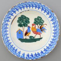 Hollóházi népi madaras tányér, fajansz, kézzel festett, sérülésekkel, jelzett, d: 23 cm