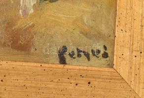 Petykó, Lujza (1896-1931): Aratók. Olaj, karton, jelzett. Dekoratív fakeretben. 10×12,5 cm