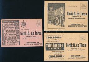 cca 1920-1940 Osztálysorsjáték tétel, 5 db: 3 db Török A. és Társa Bankház Rt., M. Kir. Osztálysorsjáték, Glória csodamotolla