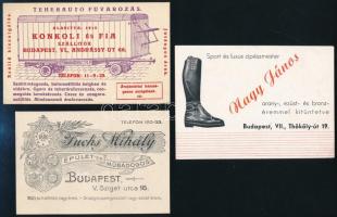 cca 1890-1910 Vegyes reklám tétel, 3 db: Fuchs Mihály épület- és műbádogos, Nagy János sport és luxus cipészmester, Konkoli és Fia szállítók reklámkártyái, 9x14 cm és 10x14 cm közötti méretben