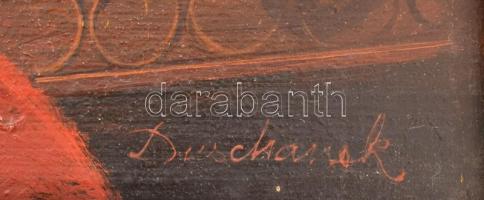 Duschanek János (1947-2013): Erotikus jelenet (cím nélkül). Olaj, farost. Jelezve jobbra lent. Dekor...