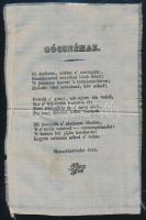 1845 Gócsnéhaz c. versike selyemre nyomtatva, Marosvásárhely 1845, kissé foltos, 22,5x14,5 cm