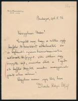 1916 thordai Drasche-Lázár Alfréd (1875-1949) a M. Kir. Miniszterelnökség Elnöki Osztálya vezetőjének saját kézzel írt gratuláló levele, fejléces papíron, aláírásával, szakadt.   Drasche-Lázár Alfréd diplomata, politikus, író, a trianoni békeszerződés egyik aláírója magyar részről.