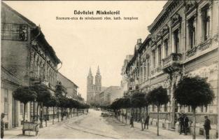 1912 Miskolc, Szemere utca, Mindszenti Római katolikus templom, üzlet reklám a falon. Grünwald Ignác kiadása