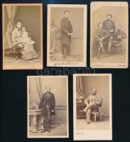 cca 1870-1880 Keményhátú műtermi portrék, 5 db (Letzter, Borsos, Jávori,, stb.), közte Czobel István, egyik sérült, 10,5×6,5 cm