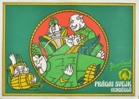 Prágai Svejk vendéglő, Pilsner Urquell reklámplakát, középen hajtott, 41,5x29,5 cm