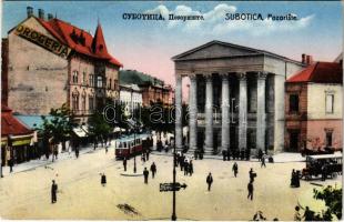 1932 Szabadka, Subotica; Pozoriste / Fő tér, színház, drogéria, autóbusz, villamos / main square, drugstore, tram, autobus (EK)