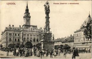 1912 Újvidék, Novi Sad; Ferenc József tér, városháza, Szentháromság szobor. Urbán Ignác kiadása / square, trinity statue, town hall (Rb)