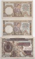 Szerbia / Német megszállás 1941. 500D (2x) + 1941. 1000D 500D-os bankjegyre nyomva T:III kettőn kis beszakadások Serbia / German occupation 1941. 500 Dinara (2x) + 1941. 1000 Dinara printed on 500 Dinara banknote C:F two with small tears