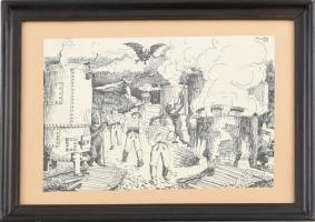 Pánczél Béla (1900-1966): Székely legények a pokolban. Akvarell, tus, papír, jelzett. Üvegezett, kissé sérült fa keretben, 18,5x27 cm