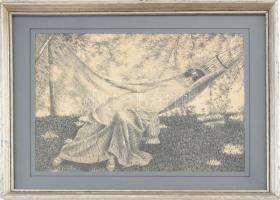 Jelzés nélkül: Nyugágyban pihenő női akt. Tus, papír. Üvegezett, kissé sérült fakeretben, 22,5x32 cm