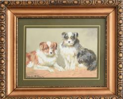 Olvashatatlan jelzéssel: Két kutya. Tempera, papír. Dekoratív, üvegezett fakeretben, 15x20,5 cm