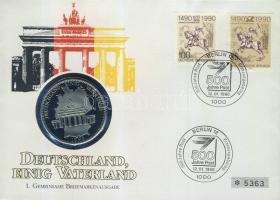 NSZK 1990. "Német egység" Ffm emlékérem érmés borítékon, NDK és NSZK bélyegekkel, elsőnapi bélyegzővel T:PP