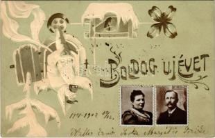 1901 Boldog új évet. Szecessziós dombornyomott litho üdvözlőlap házaspár fényképével / New Year greeting, embossed litho with photos