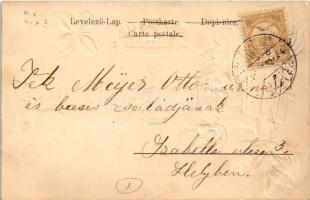 1901 Boldog új évet. Szecessziós dombornyomott litho üdvözlőlap házaspár fényképével / New Year gree...