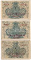 Szerb-Horvát-Szlovén Királyság 1919. 1/2D piros 2K felülbélyegzéssel (3x) T:III,III- Kingdom of the Serbs, Croats and Slovenes 1919. 1/2 Dinar with red 2 Kronen overprint (3x) C:F,VG Krause P#14