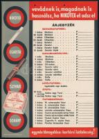 Nikotex reklám tétel, 2 db: 1 db kitöltetlen Nikotex árjegyzék, Bp., Hamburger és Birkholz-ny., vala...