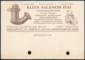1933 Bp., Klein Salamon Fiai Tajtékpipa-Metszők reklámlapja, a felületén két lyukakkal, 10x15 cm