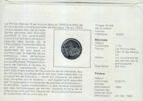 Monaco 1982. 1Fr "III. Rainier" bélyeges érmés borítékon T:1 hátoldali ismertető tanúsítvá...