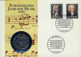 NSZK 1985. 5M "A zene éve" érmés borítékon, 2 db bélyeggel, elsőnapi bélyegzővel T:BU hátoldali ismertető tanúsítvánnyal Csak 5000 db!