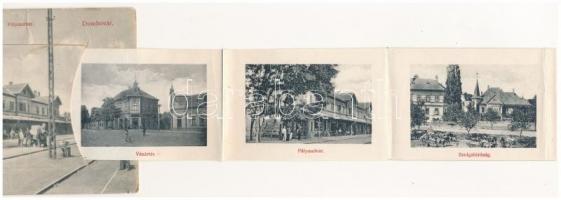 1918 Dombóvár, vasútállomás. Leporello belül Szolgabíróság, Kapos híd, régi várrom, Vásártér (fa)