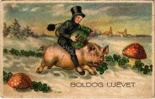 Boldog újévet! Kéményseprő malacon lovagol / New Year greeting, chimney sweeper riding on a pig. Pittius litho (kis szakadás / small tear)