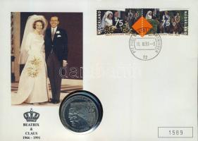Hollandia 1991. 25c "Beatrix királynő és Claus herceg" érmés borítékon bélyegpárral T:1