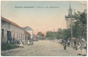 1913 Kraszna, Crasna; Részlet a református templommal. Boda Béla kiadása / street view, Calvinist church (EB)