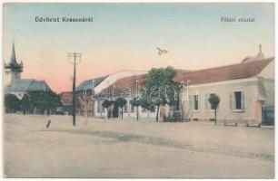 1913 Kraszna, Crasna; Fő tér, Református templom, üzletek. Boda Béla kiadása / main square, Calvinist church, shops (fl)