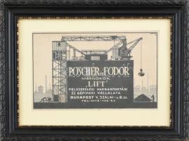 Poscher és Fodor mérnökök Lift Vállalata, Bp., Szalai u. 2., reklám terv, tus, papír, jelzett (Kebely?), szélén kisebb szakadással, 15×22 cm. Dekoratív, kissé kopott, üvegezett fakeretben.