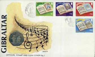Gibraltár 1991. 50Ł "Karácsony" érmés borítékon komplett bélyegsorral, elsőnapi bélyegzővel T:BU ismertető tanúsítvánnyal