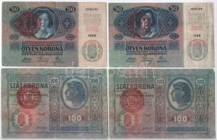 1912. 100K (2x) + 1913. 20K (3x) + 1914. 50K (2x), midegyik piros "MAGYARORSZÁG" felülbély...